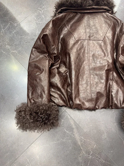 Genuine sheepskin leather jacket with fur collar