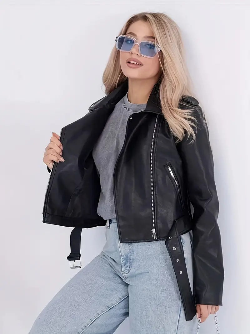 Women’s Cropped Motorcycle PU Leather Jacket