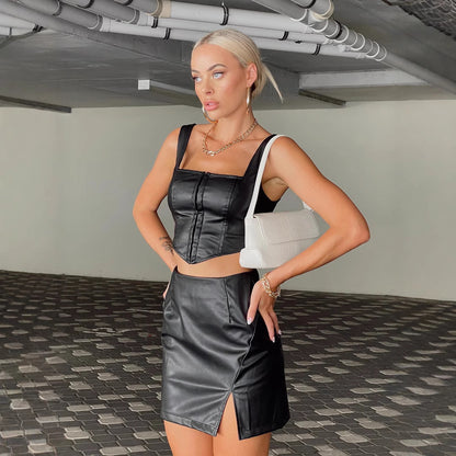 High Waist Black PU Leather Mini Skirt with Side Slit