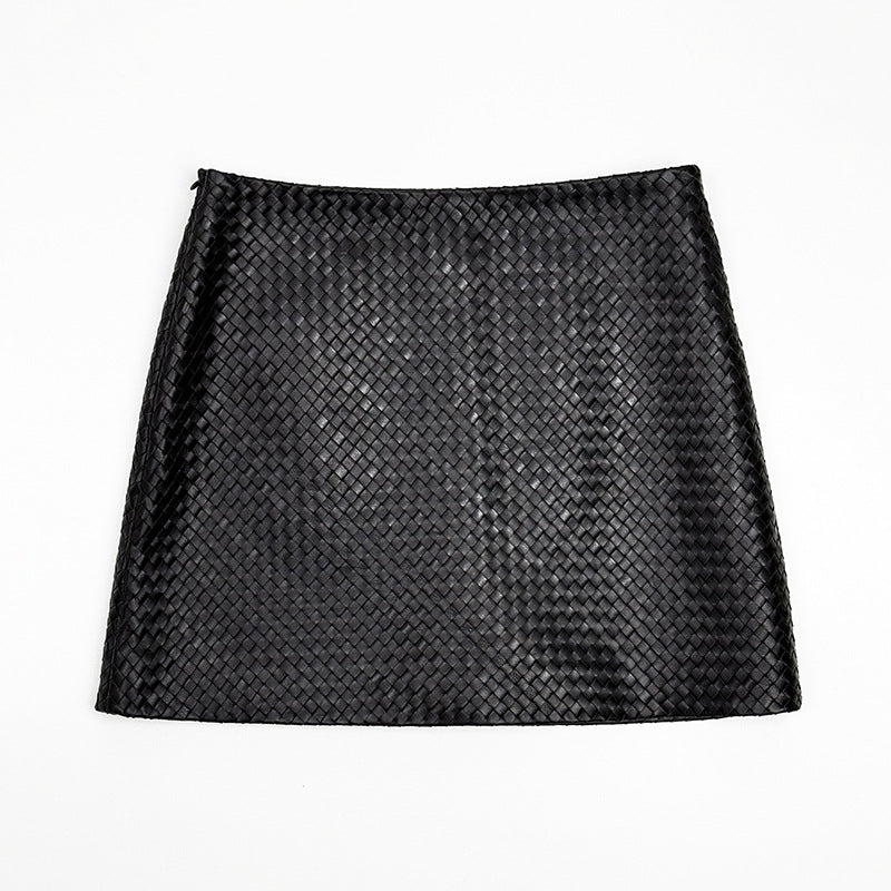 Genuine Black Leather Mini Skirt High Waisted Woven A-Line