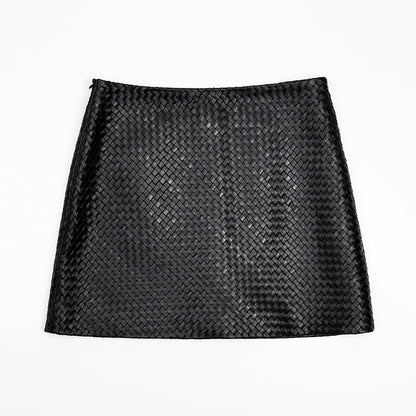 Genuine Black Leather Mini Skirt High Waisted Woven A-Line