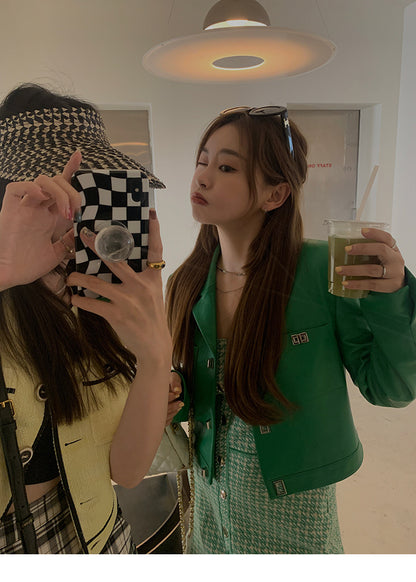 Women Leather Cropped Jacket Green Short Sheepskin Coat