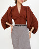 Women’s V-Neck Lantern Sleeve Blouse with Fitted Waist and Button Detail