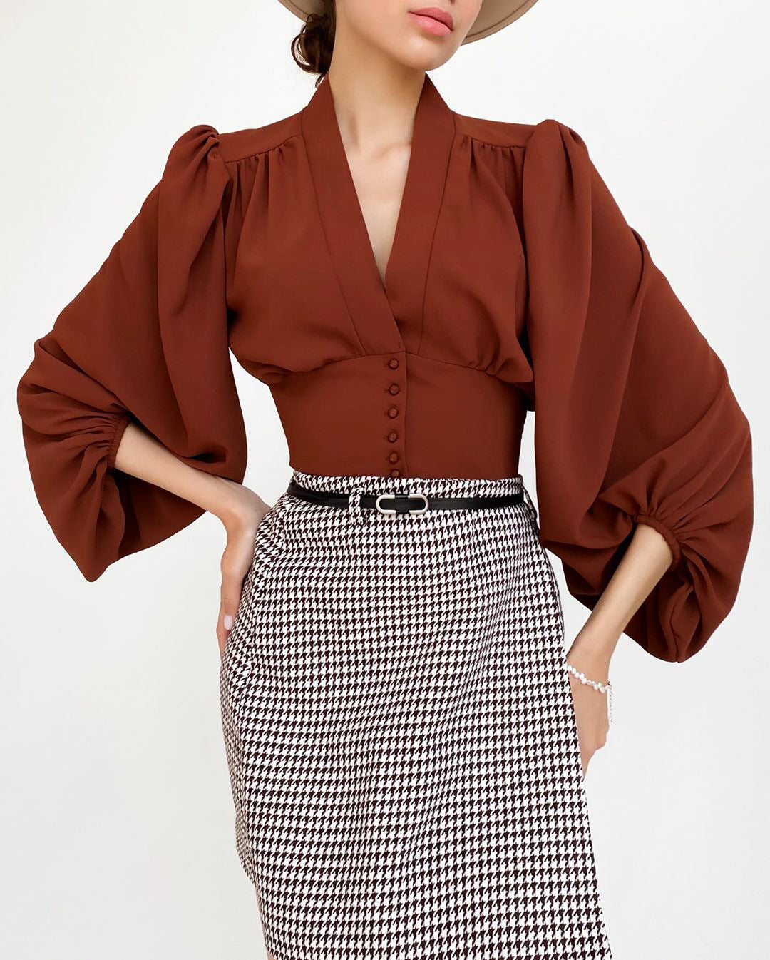 Women’s V-Neck Lantern Sleeve Blouse with Fitted Waist and Button Detail