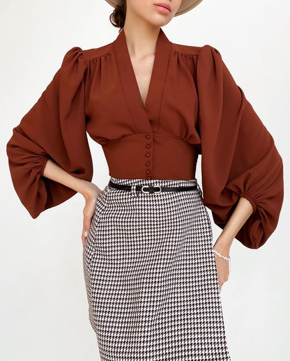 Women’s V-Neck Lantern Sleeve Blouse with Fitted Waist and Button Detail
