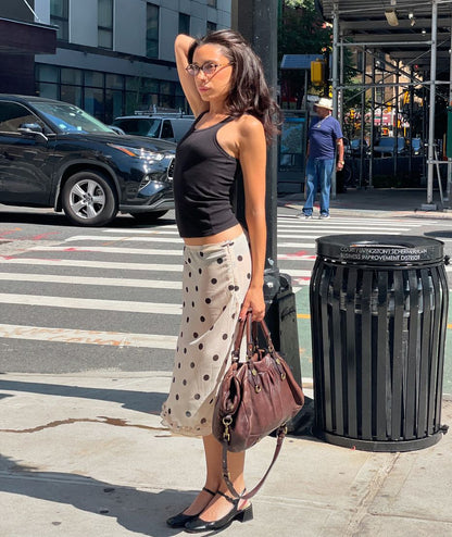 Women Polka Dot Satin Midi Skirt High Waist French Acetate Drape