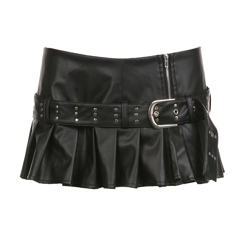 Imitation Leather Belted Mini Skirt