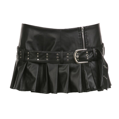 Imitation Leather Belted Mini Skirt