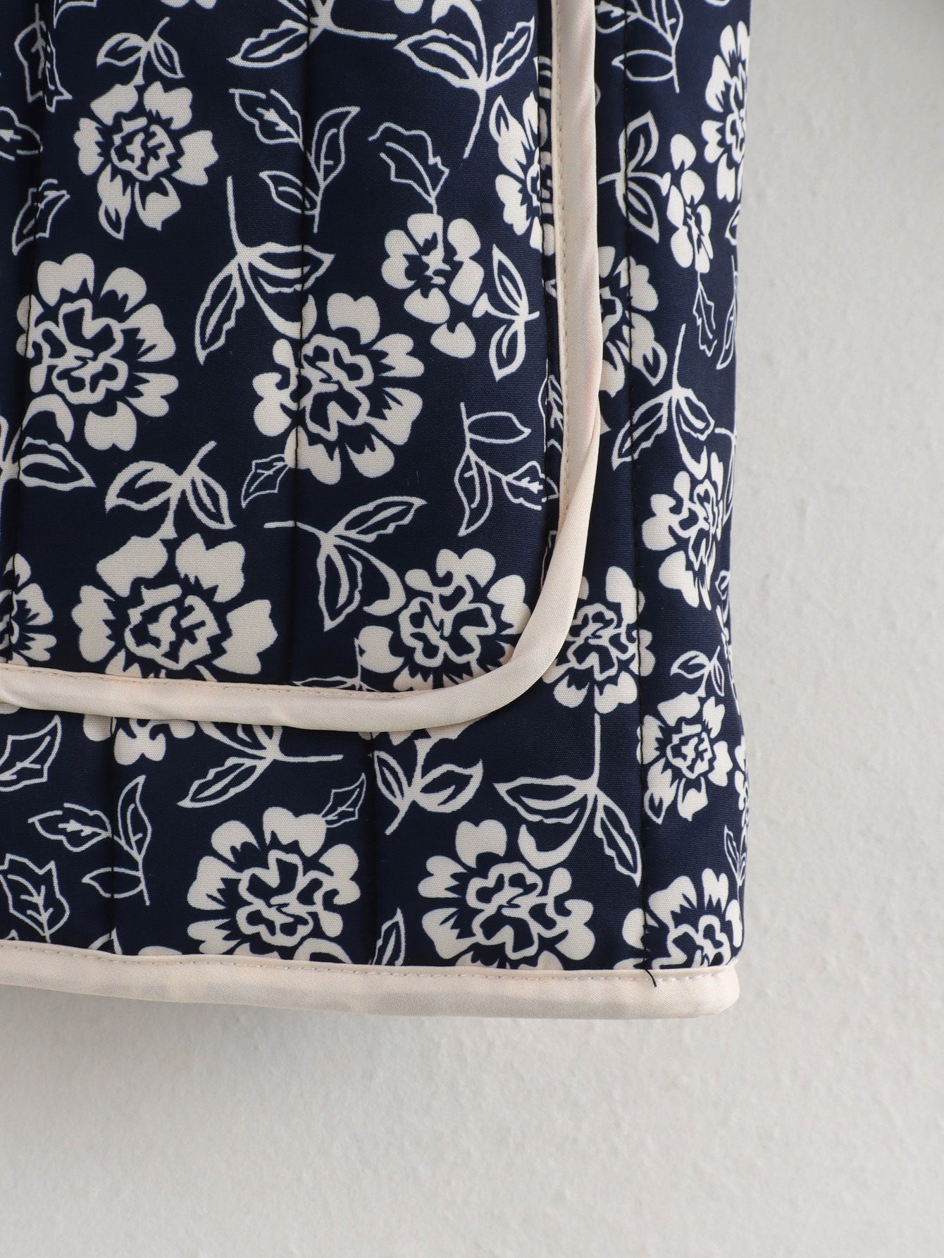 Women Floral Quilted Cotton Jacket Navy White