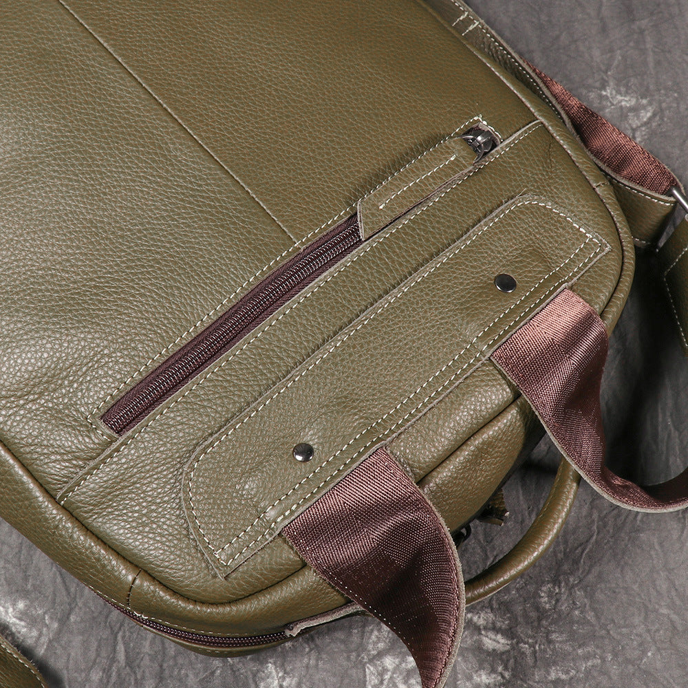 Genuine Leather Backpack Army Green 15 Inch Laptop