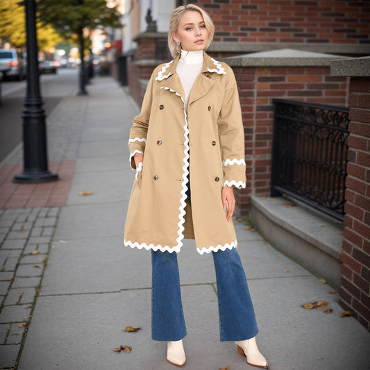 Beige Double-Breasted Trench Coat with White Wave Trim for Women