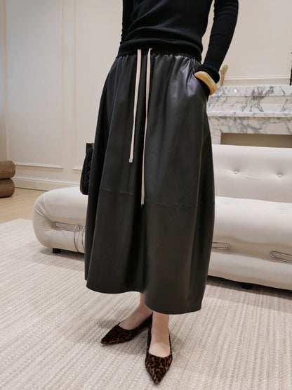 Women’s Leather Maxi Skirt Drawstring Long Skirt
