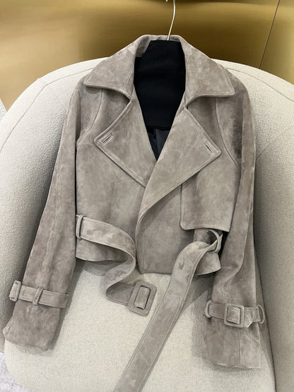 Women Suede Leather Short Trench Coat Maillard