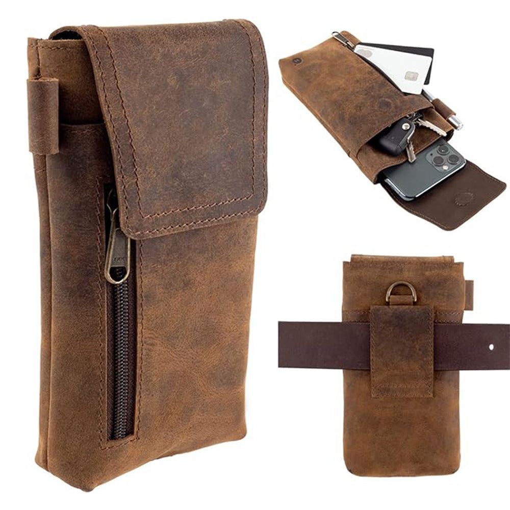 Men’s Leather Waist Bag with Magnetic Phone Pouch and Zipper Pocket
