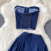 High Waist Denim Two Piece Skirt Set with Bustier Top for Women