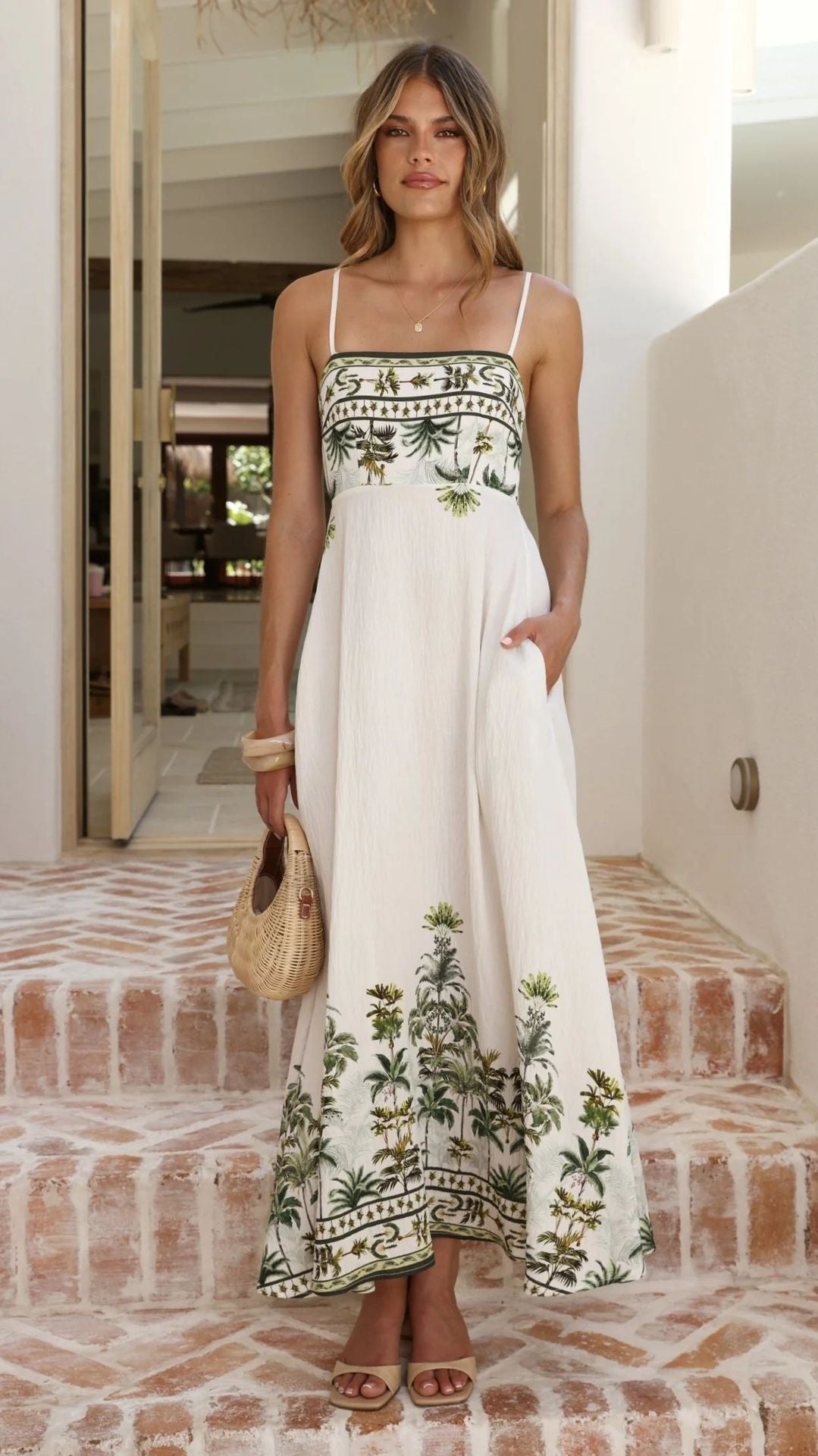 Tropical Palm Print Spaghetti-Strap Empire-Waist Maxi Beach Dress
