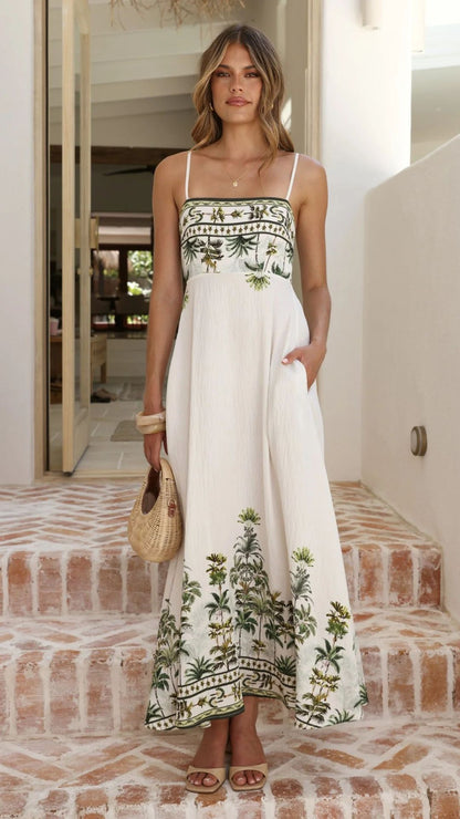 Tropical Palm Print Spaghetti-Strap Empire-Waist Maxi Beach Dress
