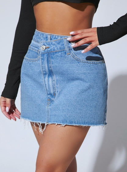 Denim Skirts Single Button Raw Hem
