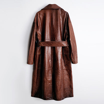 Women Leather Trench Coat Double-Breasted With Belt