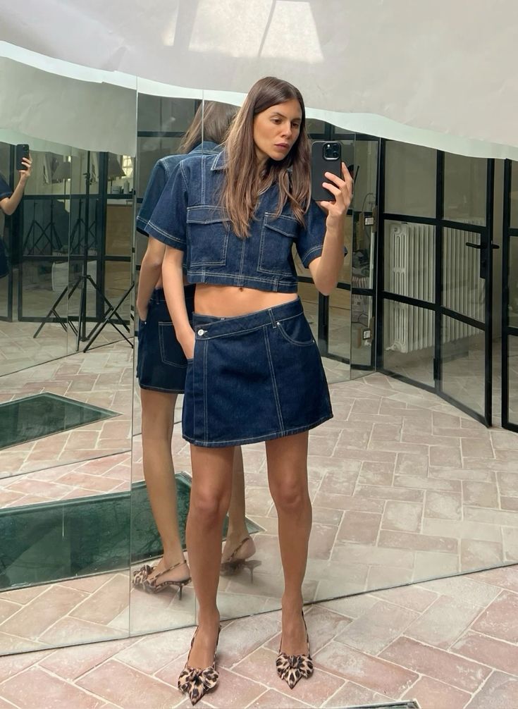Two Piece Denim Short Set Skirt with Cropped Jean Top