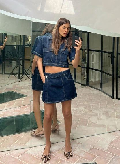 Two Piece Denim Short Set Skirt with Cropped Jean Top