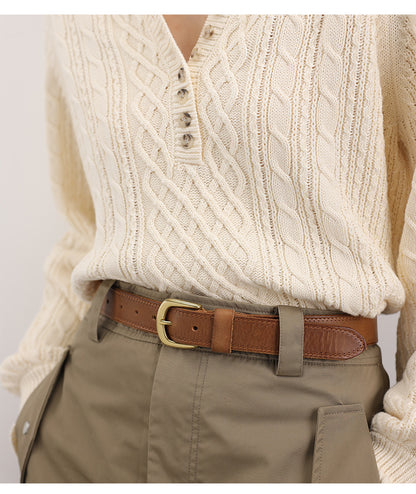 Women’s Brown Leather Belt with Top-Grain Cowhide Brass Buckle