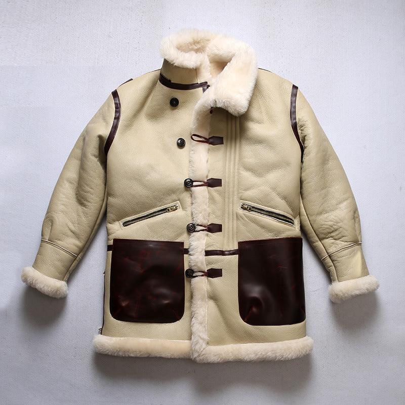 Men Real Sheepskin Shearling Flight Long Jacket Aviator