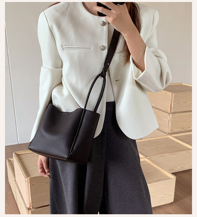 Women Soft Top Grain Leather Bucket Bag