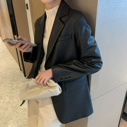 Black genuine leather women blazer jacket