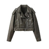 Women Retro Faux Leather Biker Jacket Cropped Moto Jacket with Belt