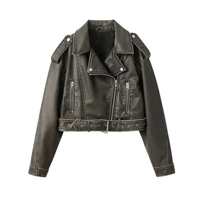 Women Retro Faux Leather Biker Jacket Cropped Moto Jacket with Belt