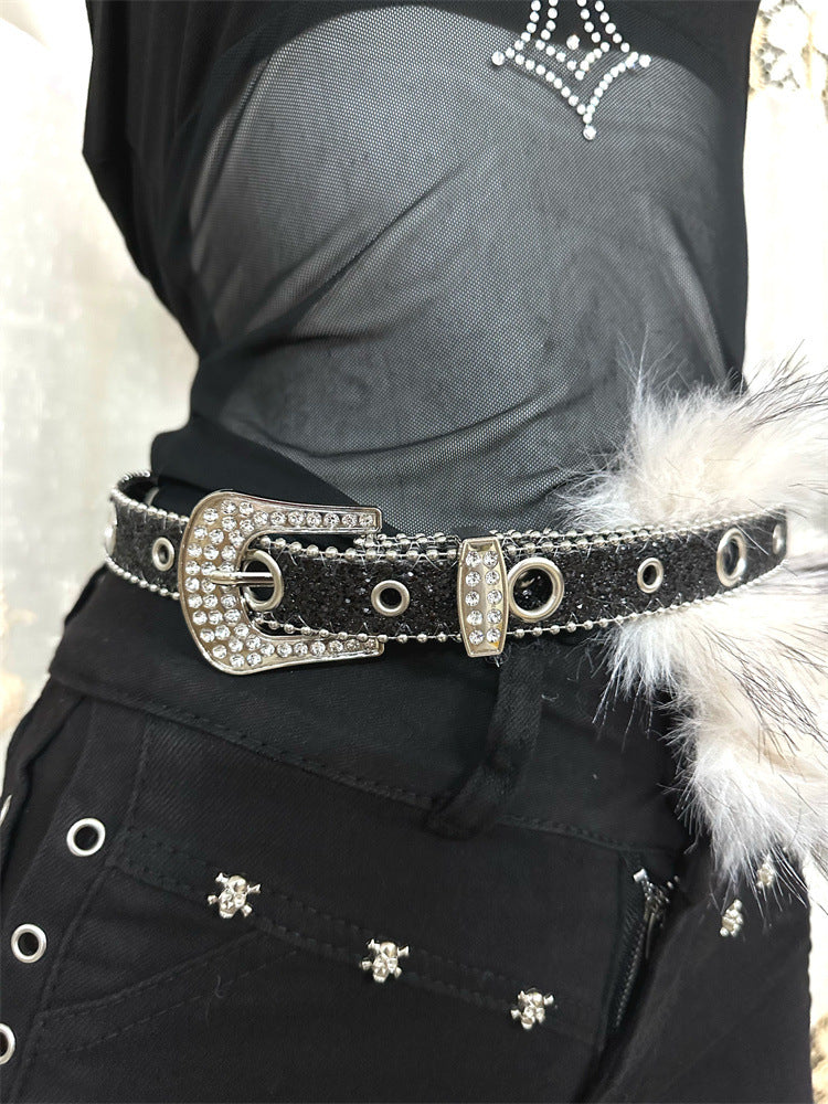 Faux fur diamond waist belt women y2k rhinestone punk style