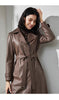 Women Brown Sheepskin Leather Trench Coat with Tie Waist