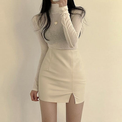 Faux Leather Skirt Zipper Back Split Hem