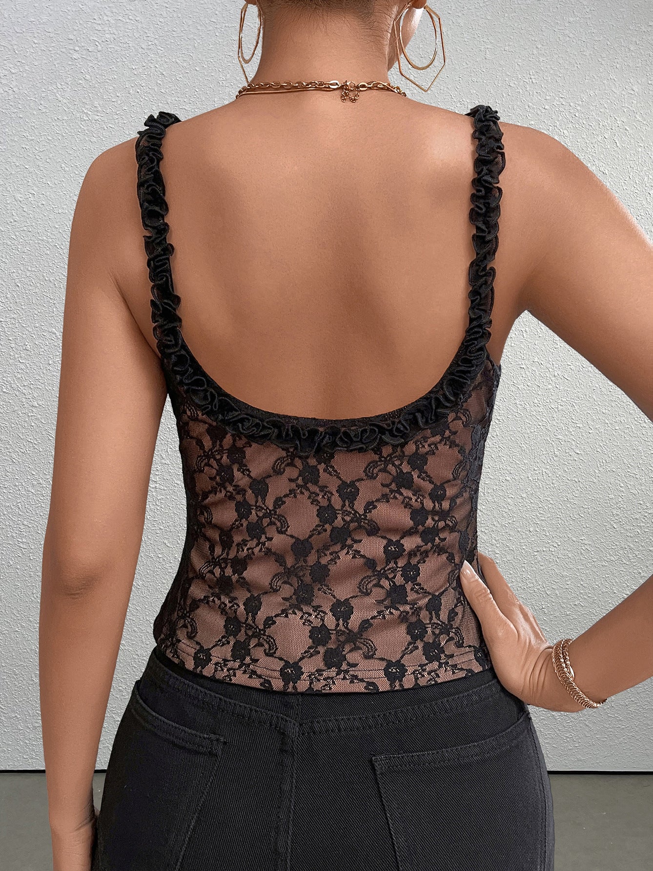 Black lace camisole top with ruffle straps