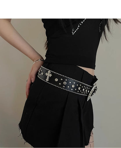 Women’s Black Rhinestone Western Belt with Cross Studs