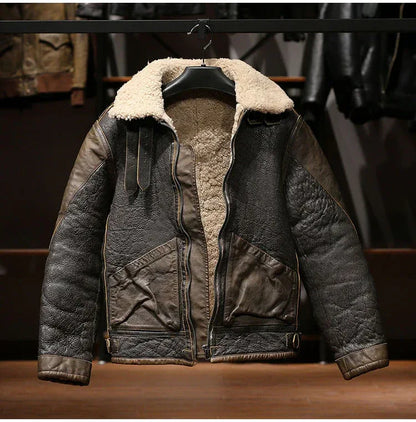 Men Shearling Bomber Leather Jacket With Wool Lining