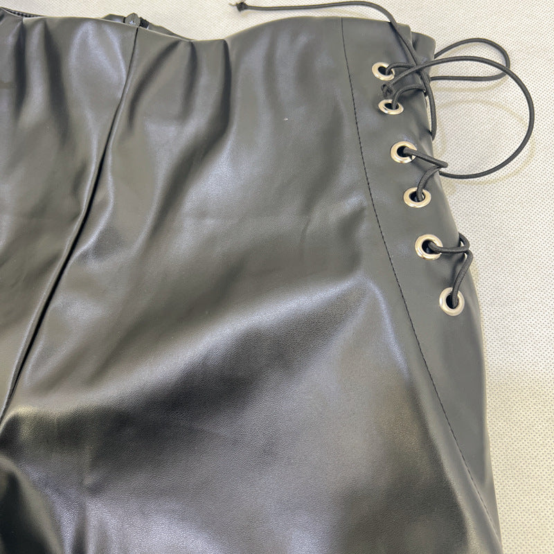 Black Faux Leather Lace-Up High Waisted Shorts