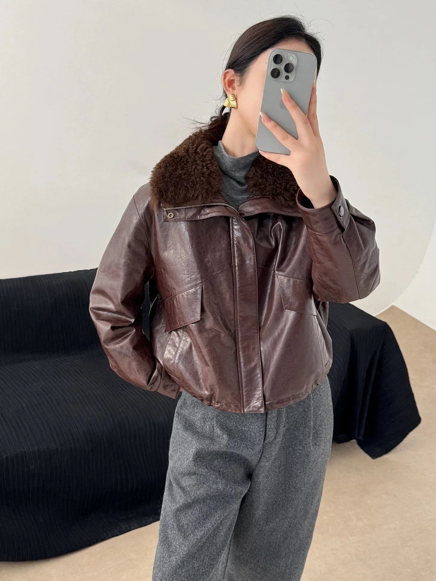 Women waxed leather aviator fur down jacket