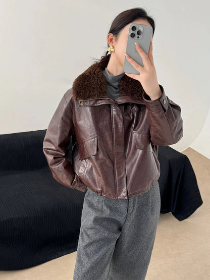 Women waxed leather aviator fur down jacket