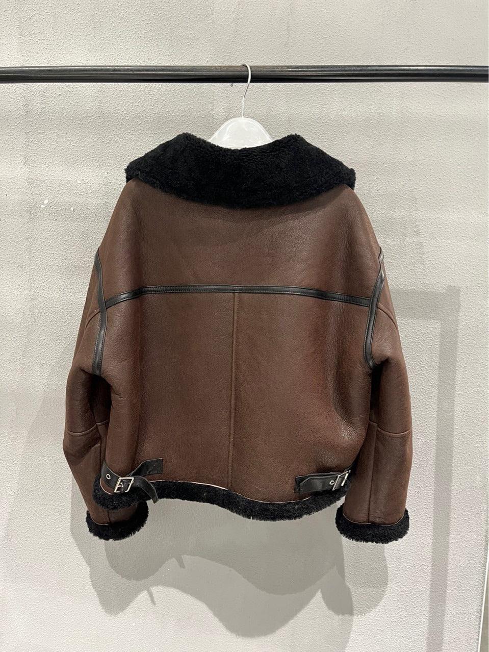 Brown High Waist Moto Style Leather Bomber Jacket with Black Fur Collar