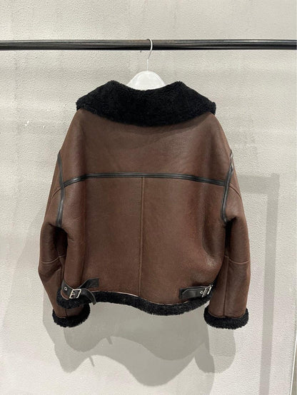 Brown High Waist Moto Style Leather Bomber Jacket with Black Fur Collar
