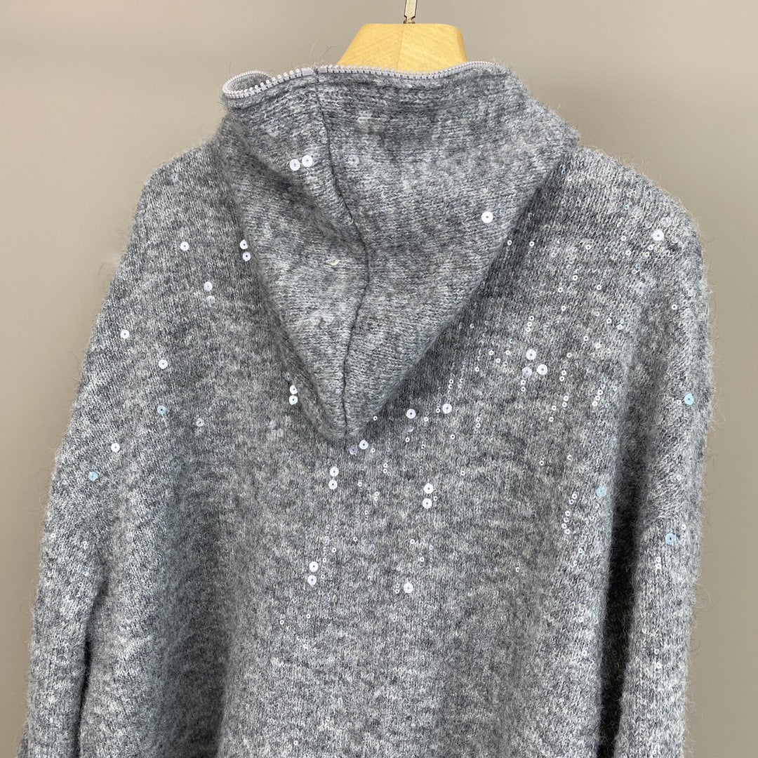 Women Mohair Cashmere Sequin Zip Cardigan Hoodie
