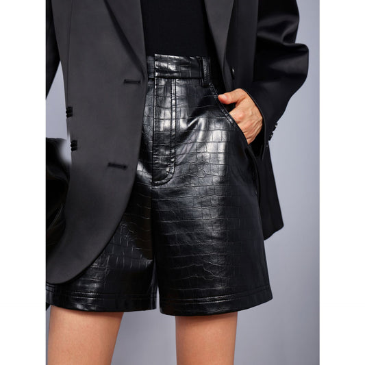 Women’s Crocodile Embossed Genuine Leather Bermuda Shorts
