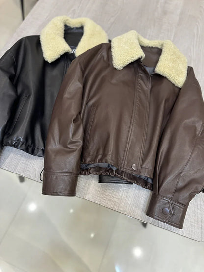 Leather bomber jacket for women with wool fur collar