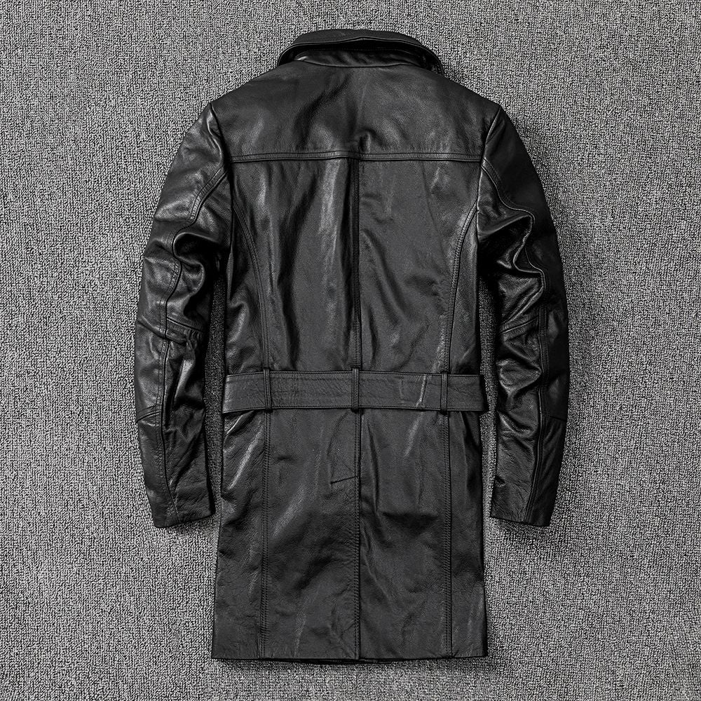 Men mid length leather trench coat jacket