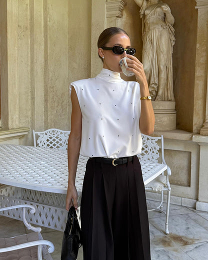 Women Polka Dot Sleeveless Backless Tie Bow Stand Collar Satin Top