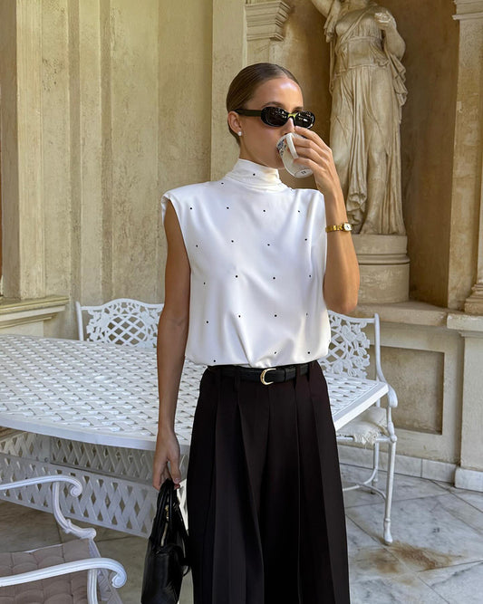 Women Polka Dot Sleeveless Backless Tie Bow Stand Collar Satin Top