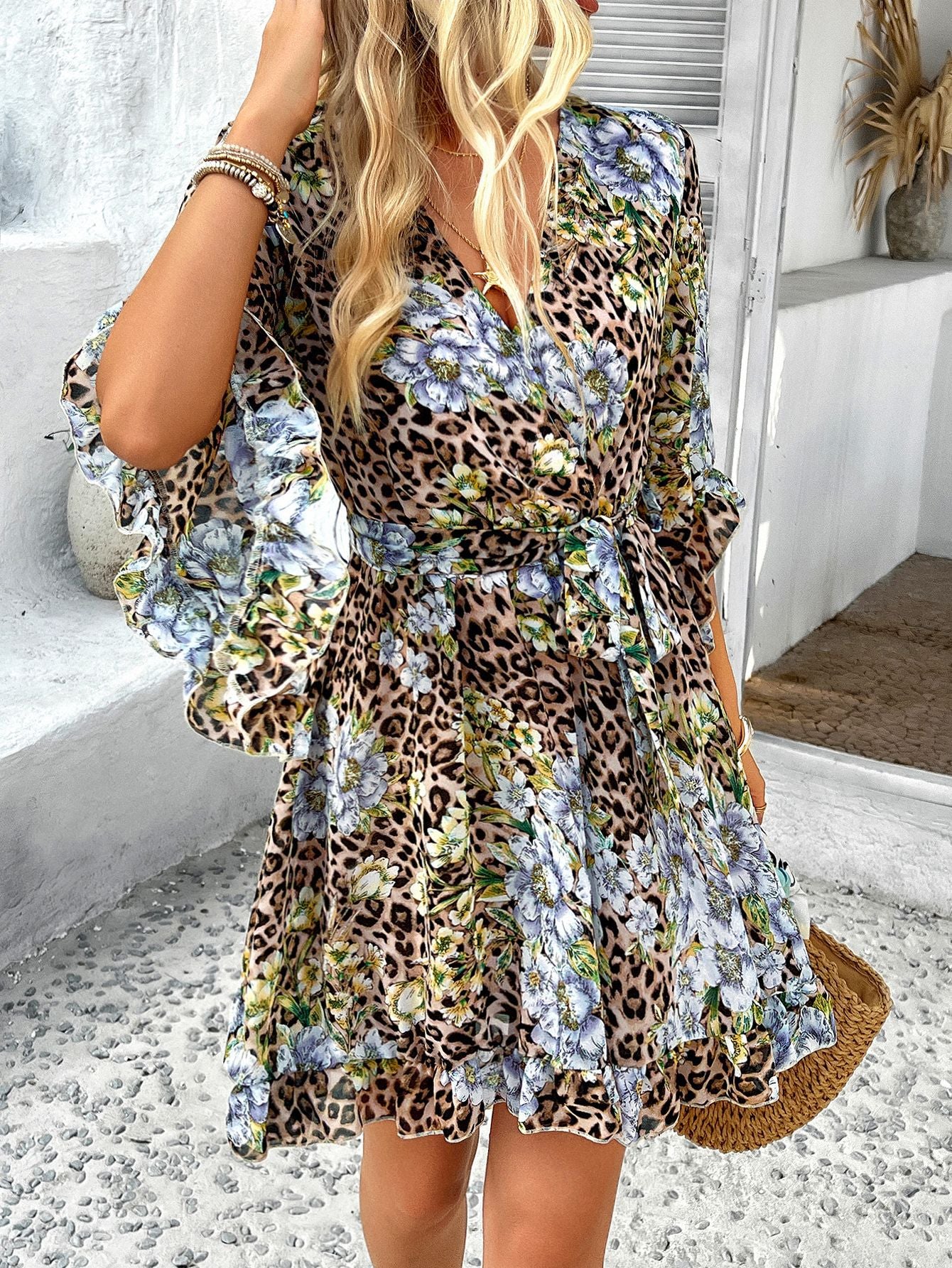 Ruffle Floral Wrap Mini Dress Blossom Print