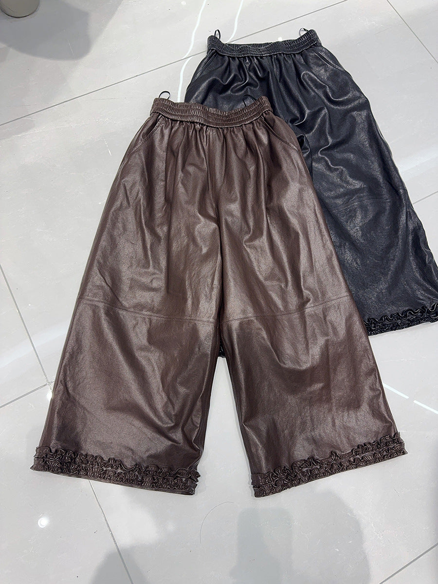 Women Wide Leg Leather Pants High Waisted Nine Point Trousers